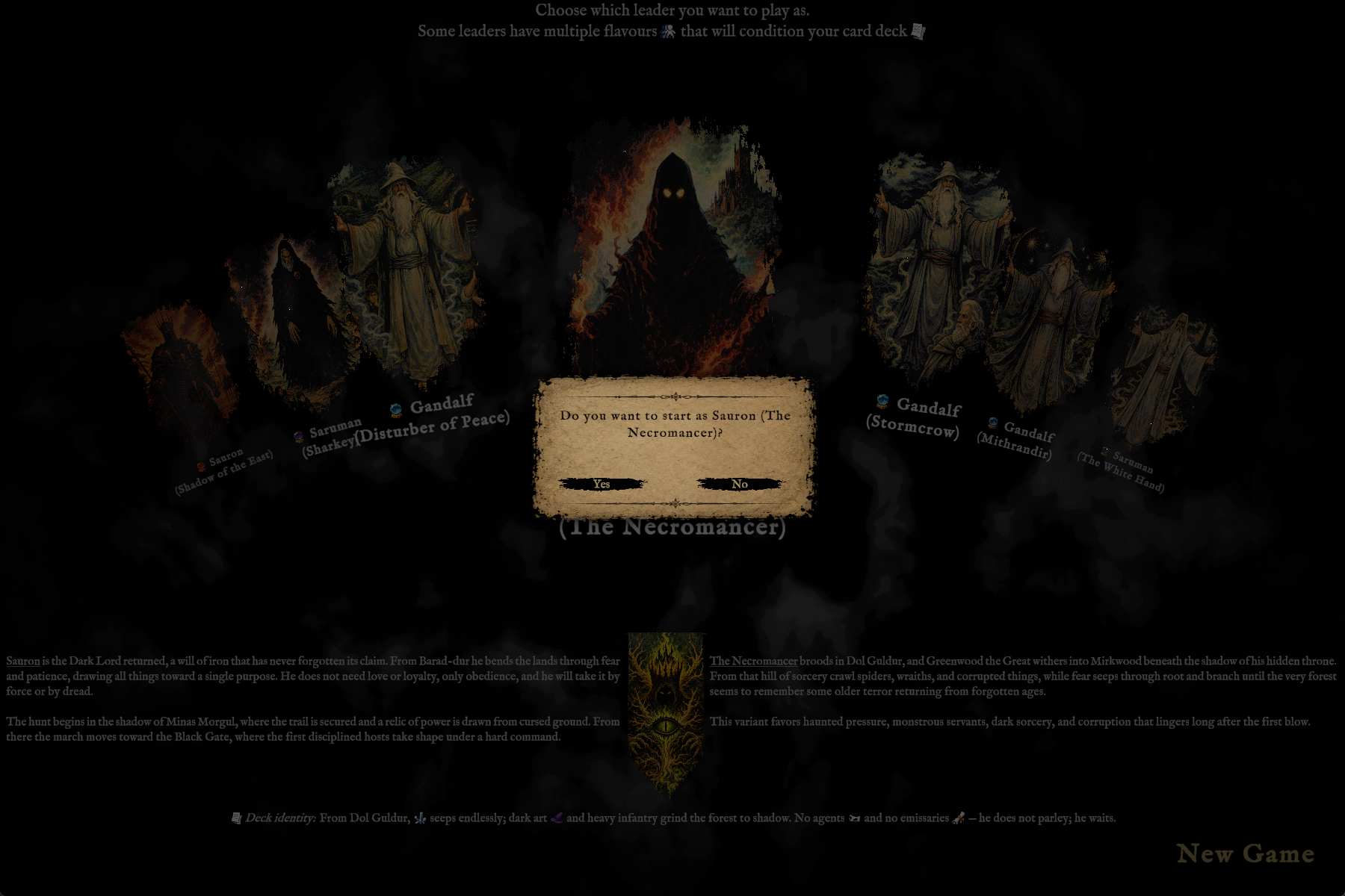 Confirmation popup asking whether to start as Sauron (The Necromancer) in Runeboard