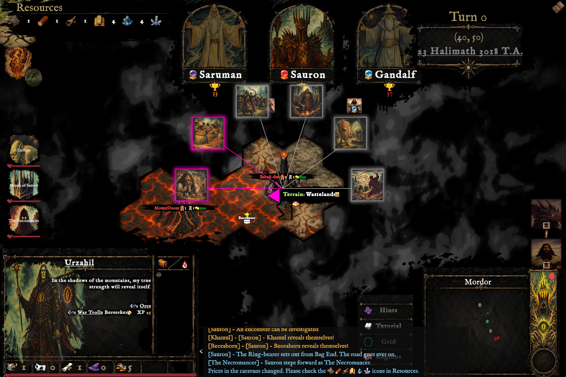 Turn 0 of a Runeboard campaign, showing Sauron's capital at Dol Guldur and Barad-dûr on the hex map