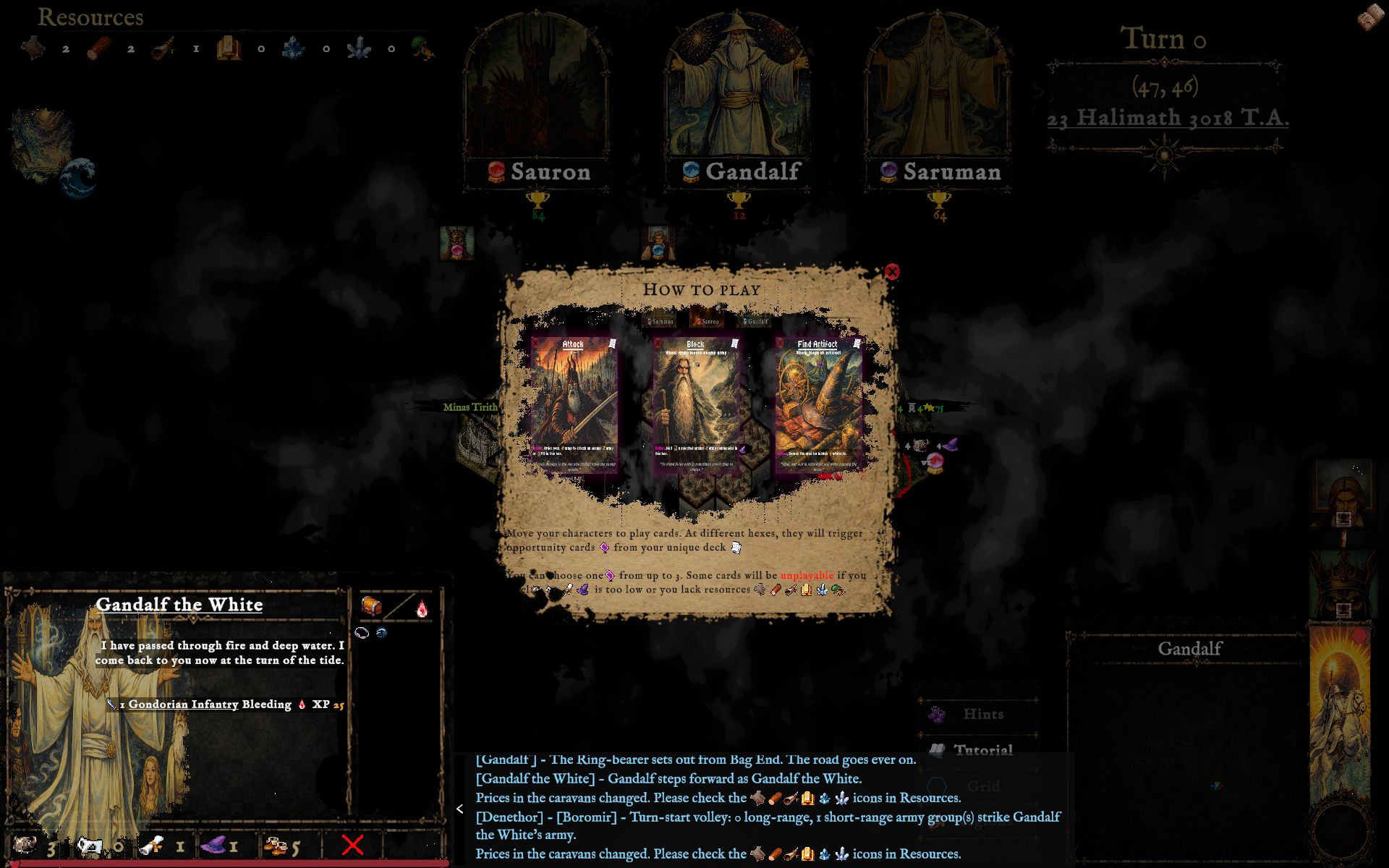 The Runeboard How to Play tutorial showing example Attack, Block, and Find Artifact cards