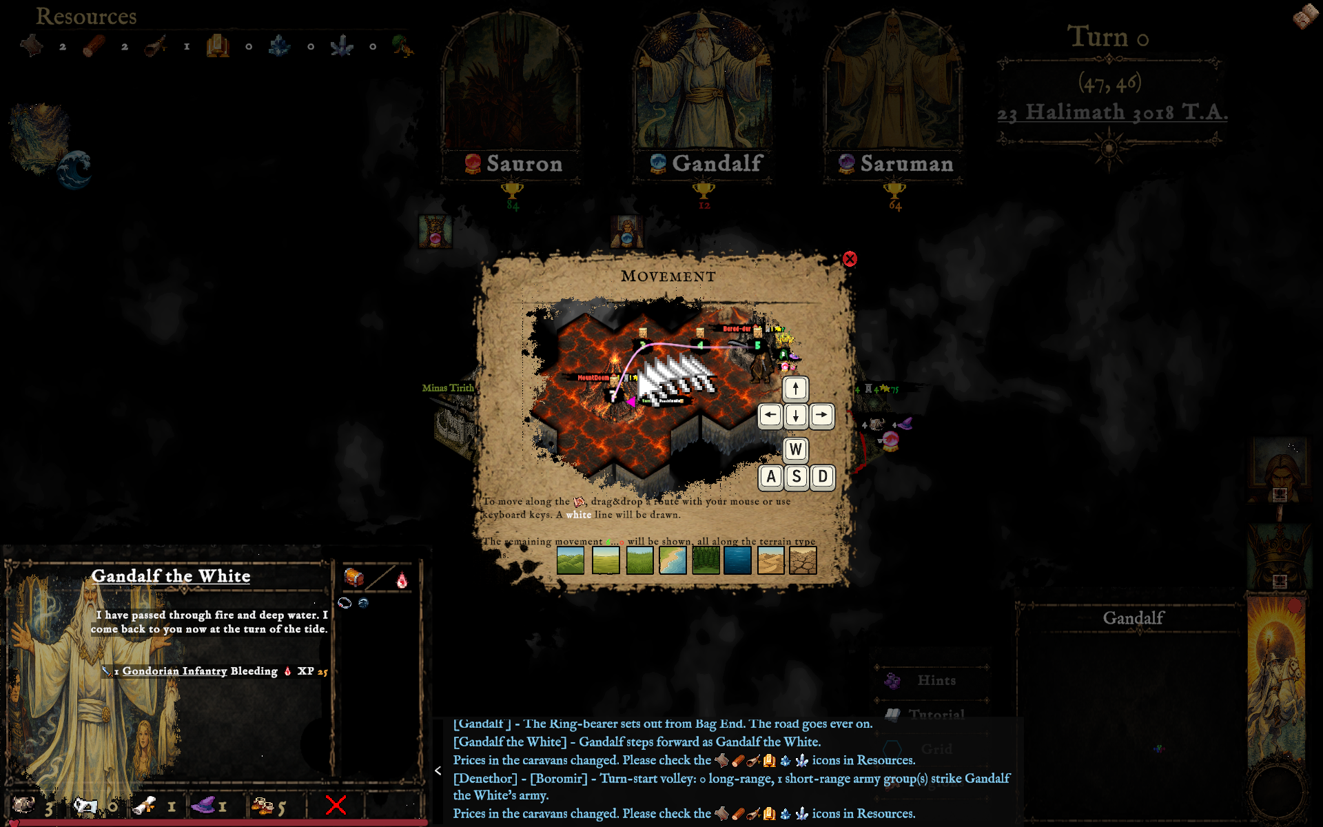 The Runeboard Movement tutorial showing the arrow keys and W A S D used to move across hexes