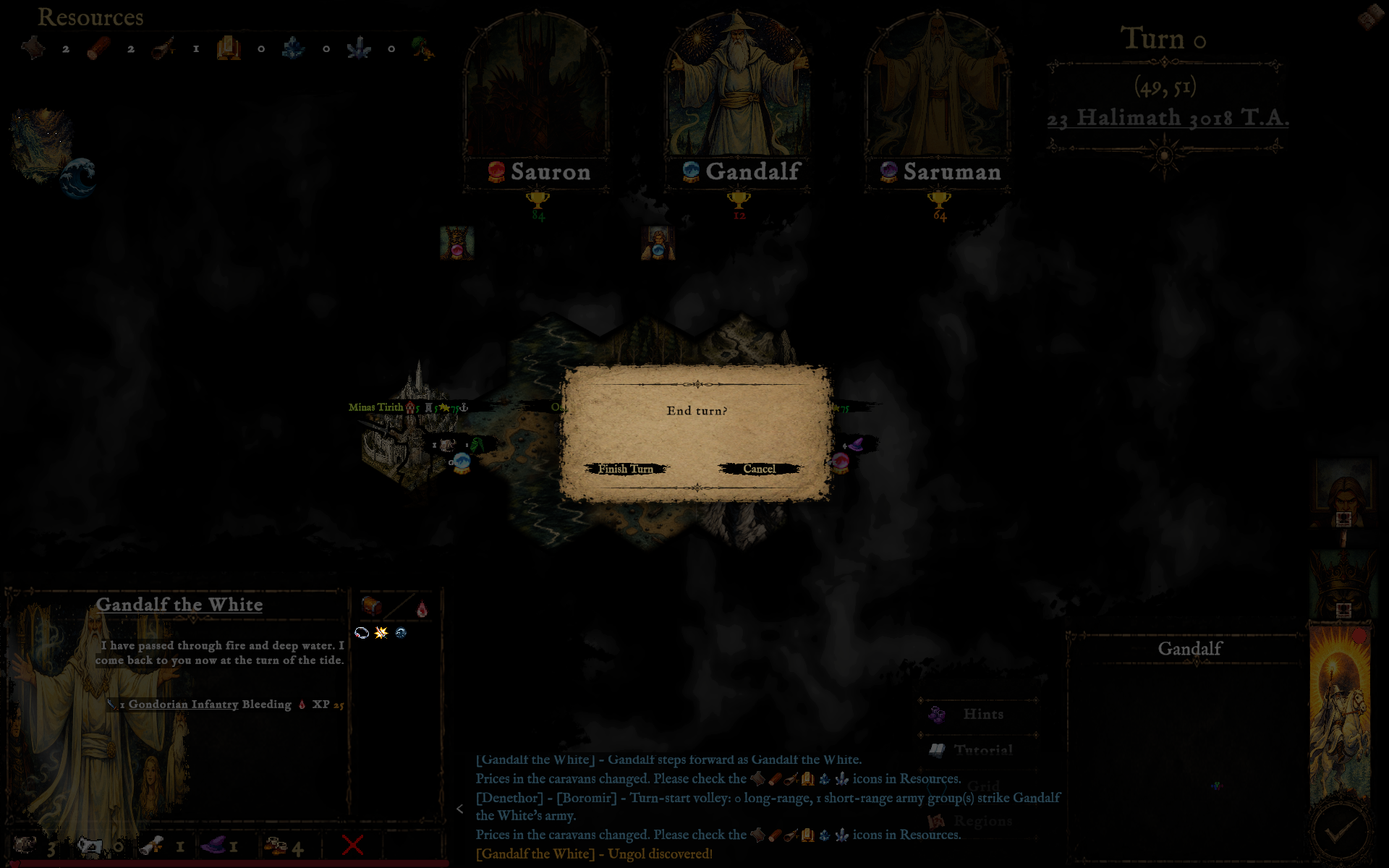 The End Turn confirmation dialog in Runeboard, asking to finish the current turn