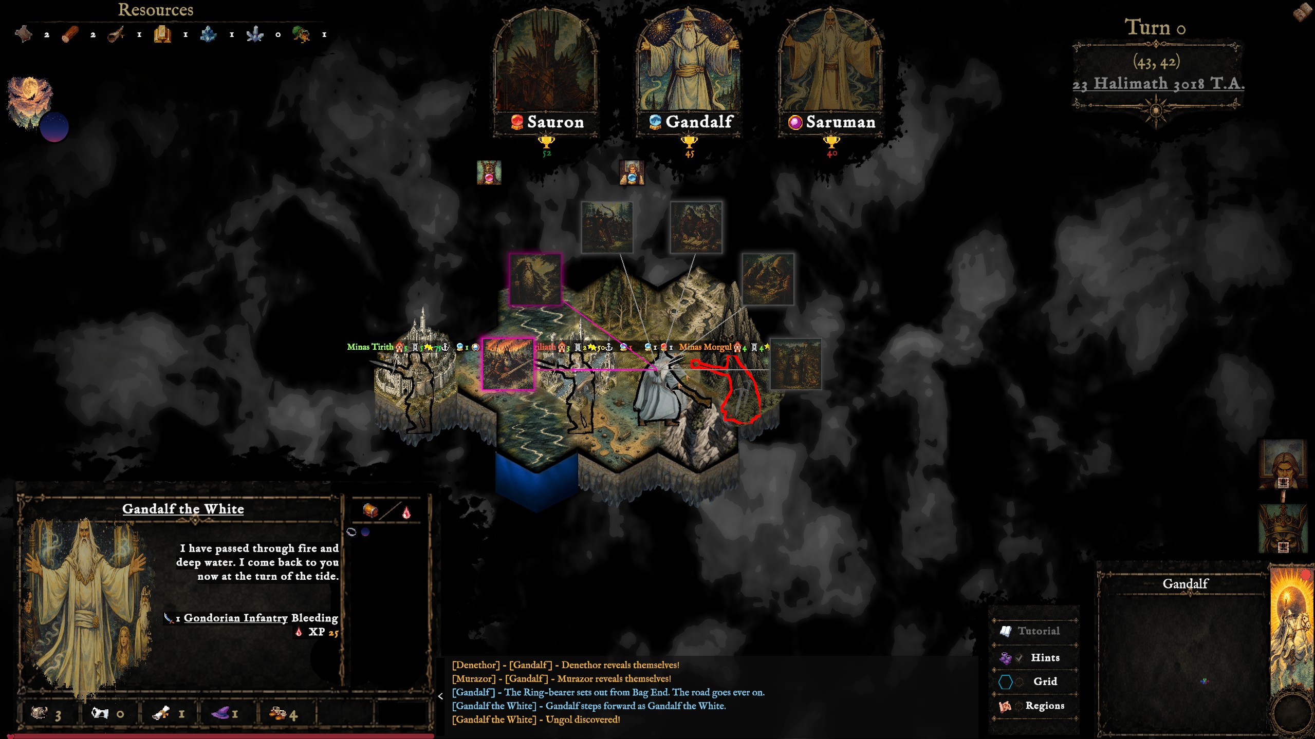 Gandalf the White standing at Minas Morgul alongside Gorbag's Orcs, Boromir, and Ioreth, with the enemy hex outlined in red