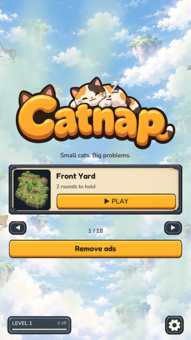 Catnap title screen: the Catnap logo with a sleeping calico on top, over a sky of floating islands