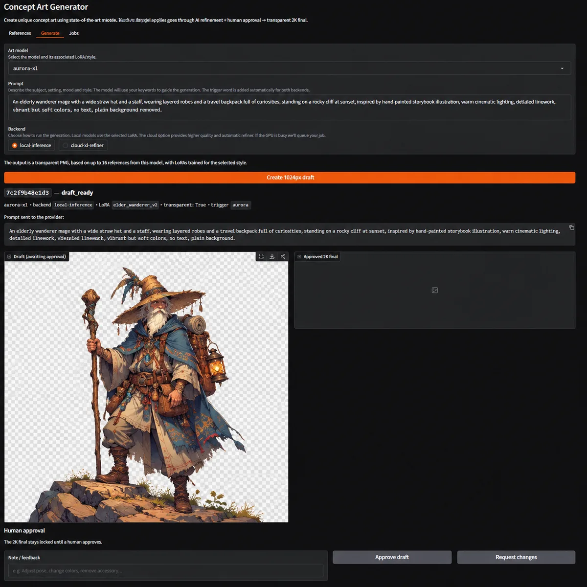 Concept Art Generator: an elderly wanderer mage draft awaits human approval before the transparent 2K final is unlocked