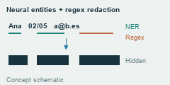 Neural recognition identifies names and dates while regex detects an email; the output masks those text spans.