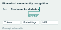 A disease mention is highlighted in biomedical text above the tokenizer, embedding, and named-entity stages.