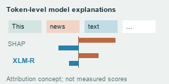 Highlighted text tokens align with signed SHAP attribution bars around a neutral baseline; bars are conceptual, not benchmark results.