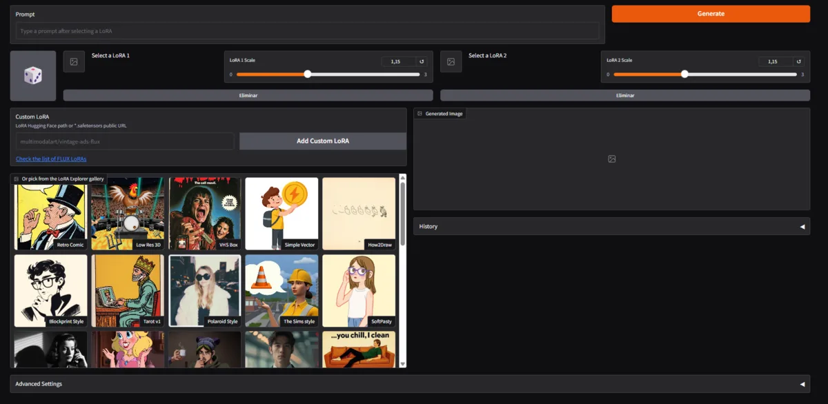 Flux LoRA Studio: two LoRA slots with scale sliders, a custom LoRA field, the LoRA Explorer gallery and the generated image panel