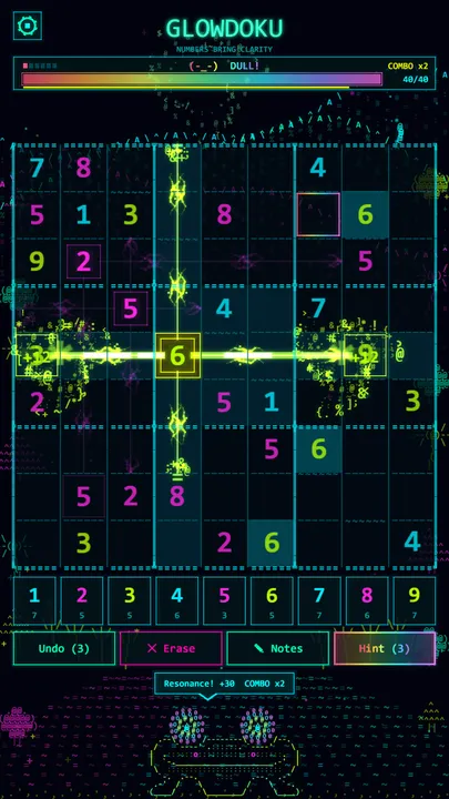 One placement fires four beams; two land on same-colour numbers and burst.