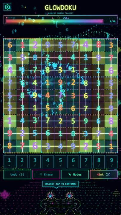 The daily puzzle, solved: a rainbow wave rolls across the grid to the music.