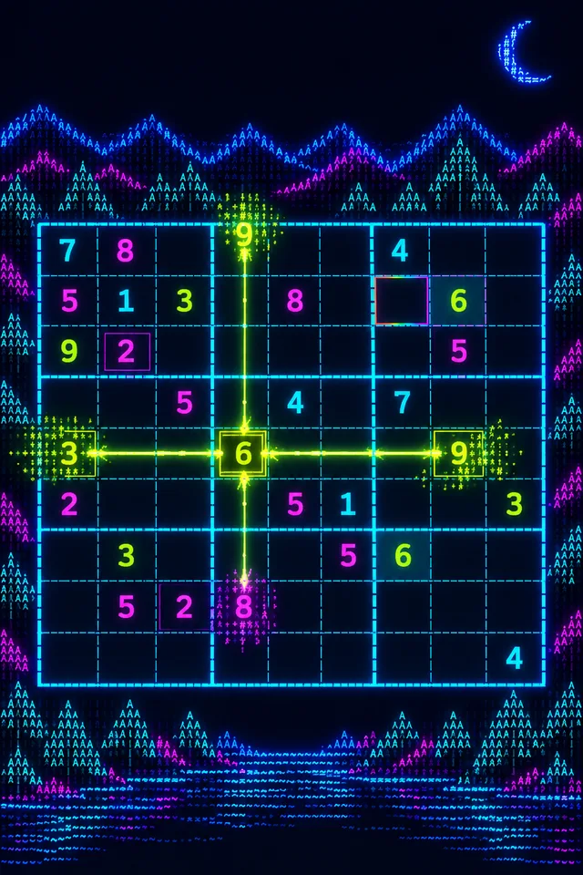 Glowdoku key art: a neon sudoku board under ASCII mountains, one placed digit firing four beams of light across its row and column