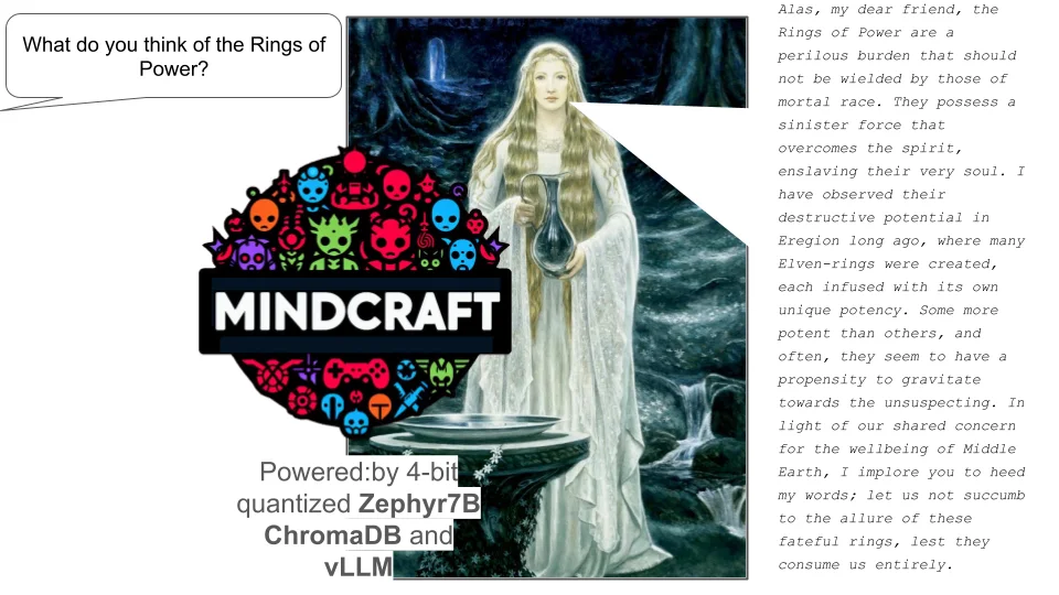 Galadriel answers “What do you think of the Rings of Power?” in character, powered by 4-bit quantized Zephyr 7B, ChromaDB and vLLM