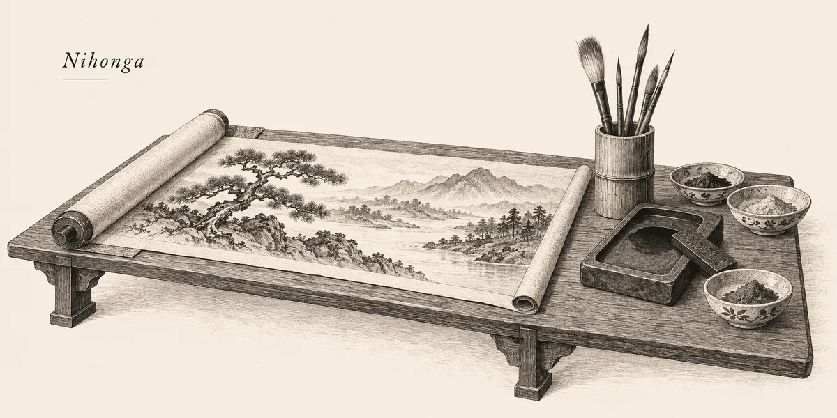 Engraving of a Japanese painter’s worktable with an unfurled pine-and-mountain landscape, under the word Nihonga