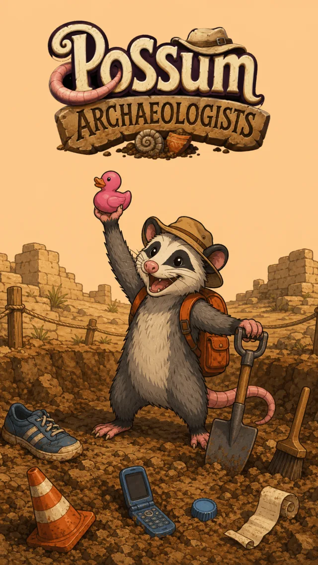 Possum Archaeologists key art: a possum in a safari hat holds up a rubber duck beside a shovel in an excavated junkyard