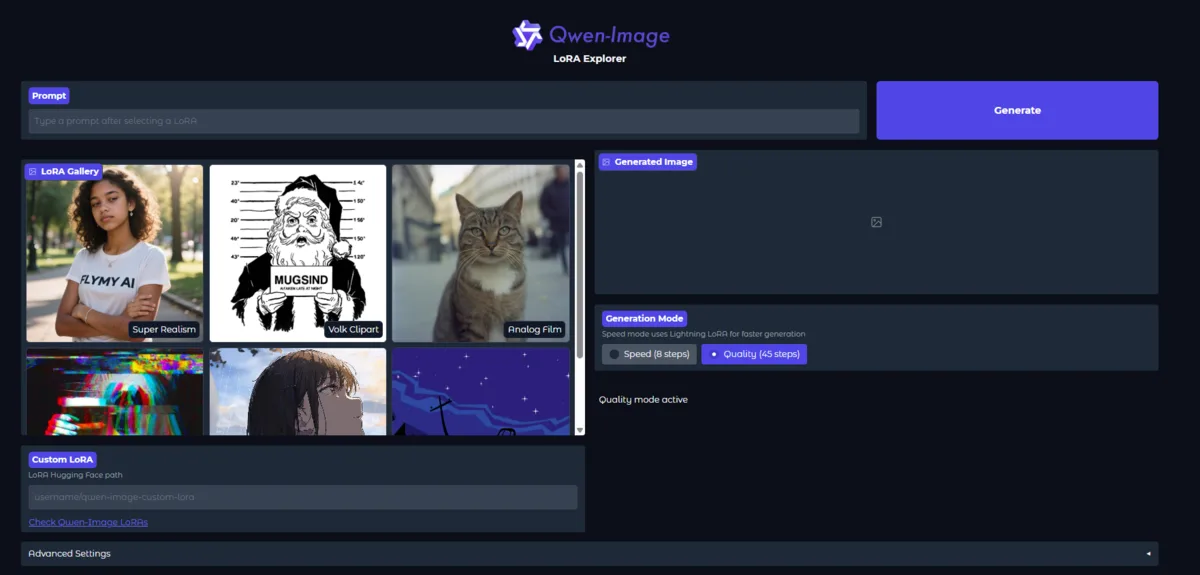Qwen-Image LoRA Explorer: prompt box, LoRA gallery, custom LoRA path, speed/quality mode and the generated image panel