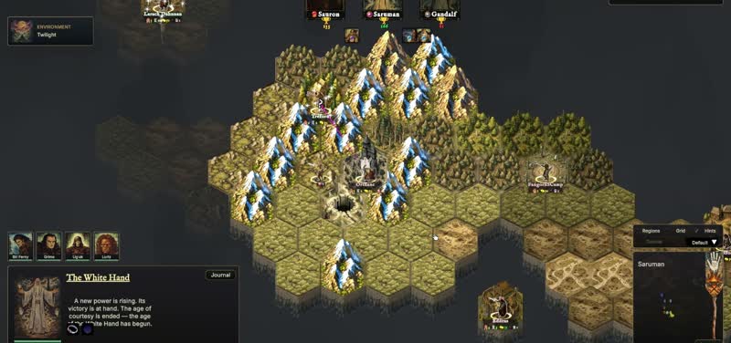 A Runeboard campaign in progress: Orthanc and the mountains of Isengard on the hex map, with the leader journal open